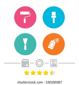 Paint roller, brush icons. Spray can and Spatula signs. Wall repair tool and painting symbol. Calendar, cogwheel and report linear icons. Star vote ranking. Vector