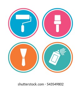 Paint roller, brush icons. Spray can and Spatula signs. Wall repair tool and painting symbol. Colored circle buttons. Vector