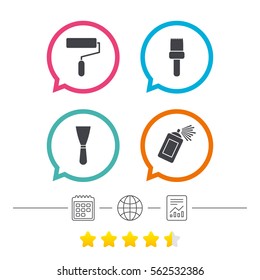 Paint roller, brush icons. Spray can and Spatula signs. Wall repair tool and painting symbol. Calendar, internet globe and report linear icons. Star vote ranking. Vector