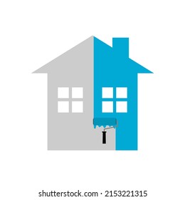 Pincel de rodillos de pintura con la pared azul de marcado pintado de diseño vectorial plano del icono del hogar o de la casa.