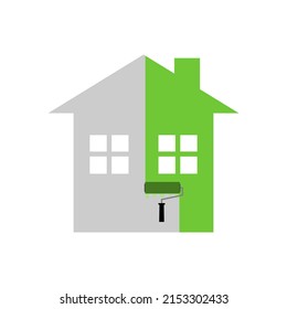 Pincel de rodillos de pintura con la pared de color verde de marca pintada de diseño vectorial plano del icono del hogar o de la casa.
