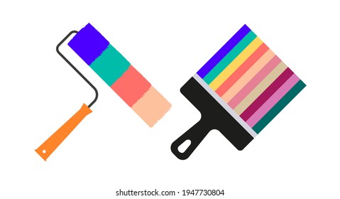 Paint roller, paint brush. Painter, plasterer. Painting works. Apartment renovation. Vector illustration isolated on white.
