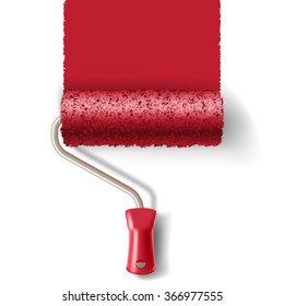 Paint roller brush with red paint track isolated on white background. applicable for banners and labels. Vector illustration.