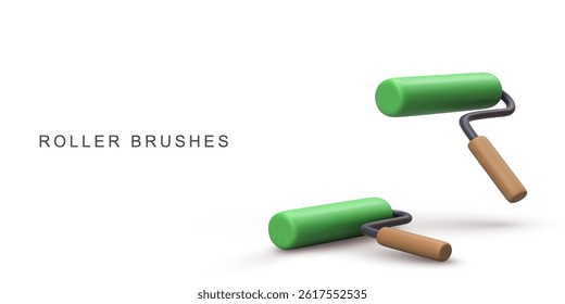 Paint Roller Brush Set With Green Rollers And Wooden Handles For Wall Painting, Renovation, Decoration, Construction And Home Improvement On White Background, Vector Illustration.
