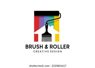 Diseño del logo de la silueta de rollo y pincel de pintura combinado con el concepto de color arcoiris, logotipo de pintura de pared, casa y edificio