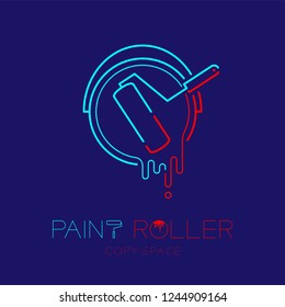 Paint roller in bucket frame logo icon outline stroke set dash line design illustration isolated on dark blue background with Paint roller text and copy space, vector eps 10