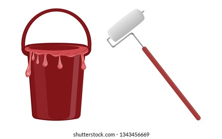 Paint roller and bucket with red paint dripping over the edge - isolated on white background - flat style - vector
