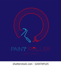 Paint roller and circle frame logo icon outline stroke set dash line design illustration isolated on dark blue background with Paint roller text and copy space, vector eps 10