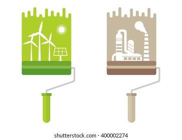 Paint roller paint clean and polluted nature. Ecology design concept with air, water and soil pollution. Flat icons isolated vector illustration. Image for Earth Day, World environment day.