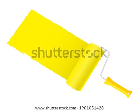 Paint roller color in yellow white background template. Banner round paint brush draws wide strip repainting wall in creative dye decorative renovation with vector advertising.