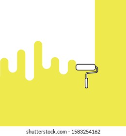 Paint roller with colored yellow redecorated wall. Background for construction shops and more.