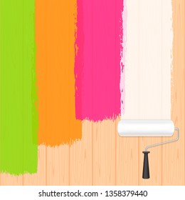 paint roller colors on wooden wall for banner background and copy space text advertising, paint brush roller painted colorful on wood banner frame, wood area ad and paint brush roller colorful