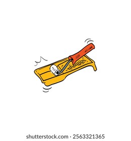 Paint roller drawing in cartoon comic style. Building tool. Vector illustration art.