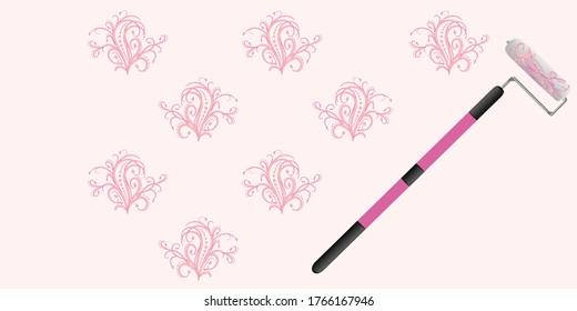 Roller de pintura - dibujando un esténcil floral en la pared - vector. Cartel. Reparación de casa.