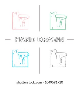 Paint roller dyeing wall hand drawn icons set. Interior design. Color brush stroke. Isolated vector sketchy illustrations