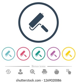 Paint roller flat color icons in round outlines. 6 bonus icons included.