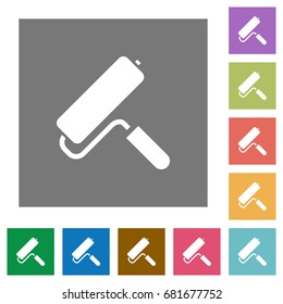 Paint roller flat icons on simple color square backgrounds
