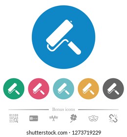 Paint roller flat white icons on round color backgrounds. 6 bonus icons included.
