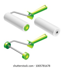 Paint roller frame and roller sleeve complect. Paint roller for interior painting works or woodwork. Green plastic handle. Aluminium frame with bearings at both ends. Vecror illustration realistic 3d