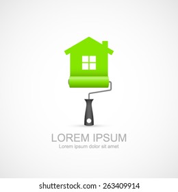 Paint Roller With Green House Symbol Icon. Painting Services Icon. Easy To Change Color.