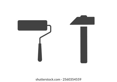 Paint roller and hammer repair tool icon vector graphic simple illustration set black white pictogram sign symbols silhouette clip art image