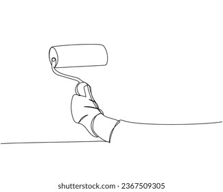 Paint roller in hand, protective gloves for repair one line art. Continuous line drawing of repair, professional, people, service, concept, support, maintenance, work, technician, wrench.