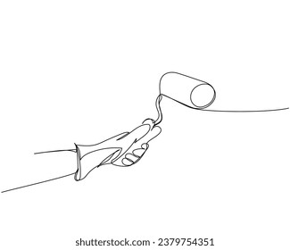 Paint roller in hand, protective gloves for repair one line art. Continuous line drawing of repair, professional, people, service, concept, support, maintenance, work, technician, wrench.