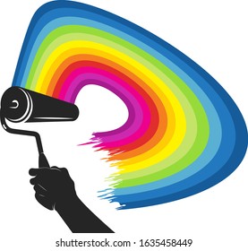 Paint roller in hand silhouette and rainbow colored paint