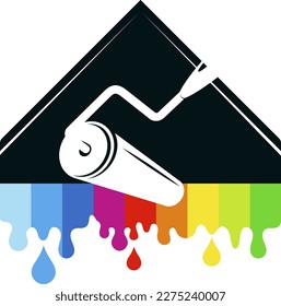 Paint roller and house silhouette. Drops of colored paint flow down. Symbol for paint work and painter