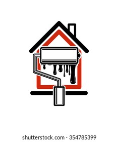 Paint roller icon, build materials for wall painting. House with work tools vector emblem, reparation. Home reconstruction idea, repair symbol.