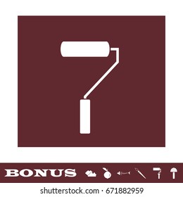 Paint roller icon flat. White pictogram on brown background. Vector illustration symbol and bonus icons