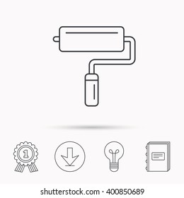 Paint roller icon. Paintbrush tool sign. Download arrow, lamp, learn book and award medal icons.