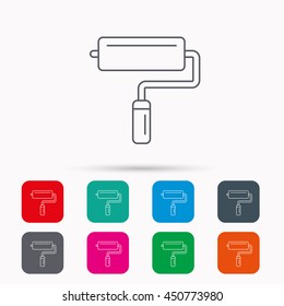 Paint roller icon. Paintbrush tool sign. Linear icons in squares on white background. Flat web symbols. Vector