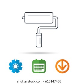Paint roller icon. Paintbrush tool sign. Calendar, cogwheel and download arrow signs. Colored flat web icons. Vector