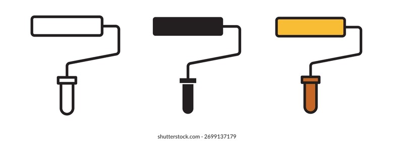 Paint roller icon set in flat vector illustration, created in outline, filled, and color style.
