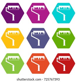 Paint roller with paint icon set many color hexahedron isolated on white vector illustration