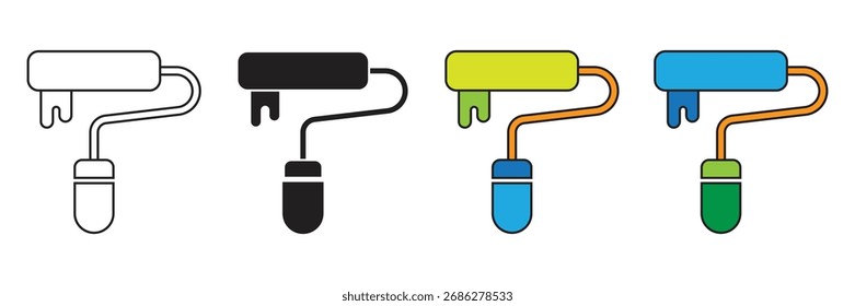 Symbol für Paint-Rollensymbol. Zeichnet Symbole. Pinsel, Farbe, Farbe, Renovierung, Interieur, Werkzeug, Kunst. Umriss, flach und farbig. Flaches Design.
