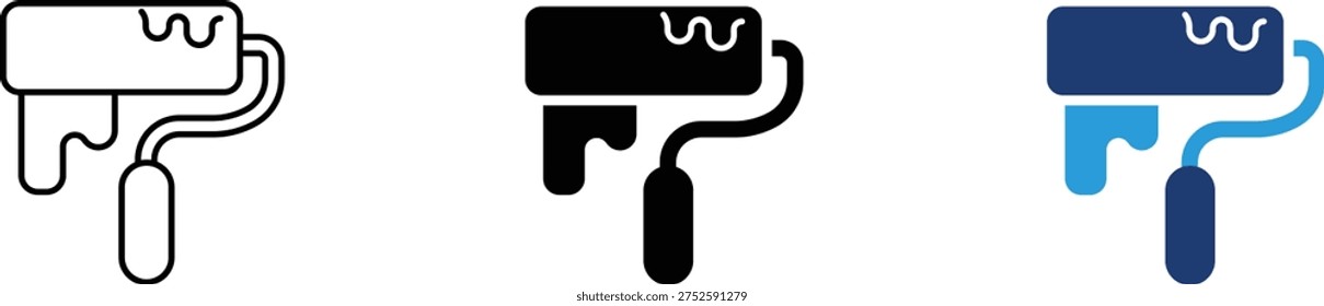 Paint roller icon showing interior renovation and home decorating tools. Professional illustration for house painting services, DIY room improvement, wall coating application, construction maintenance, and creative surface finishing.