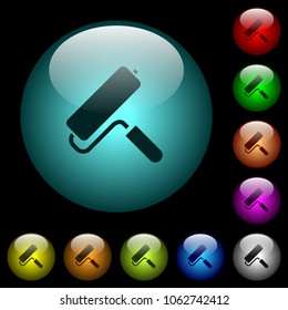 Paint roller icons in color illuminated spherical glass buttons on black background. Can be used to black or dark templates