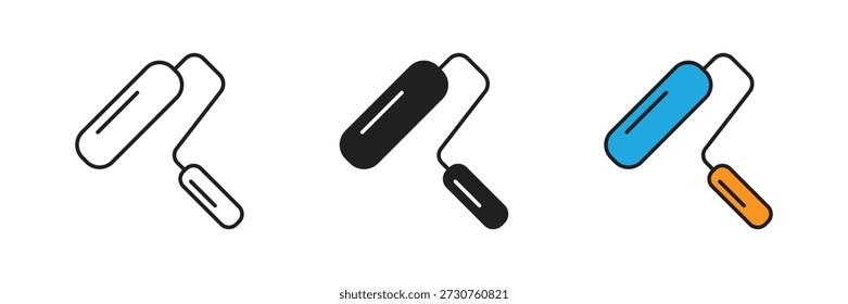 Iconos de rodillos de pintura para decoración de interiores, renovación del hogar y servicios de pintura de paredes en estilos de diseño de contorno, glifo y color plano.