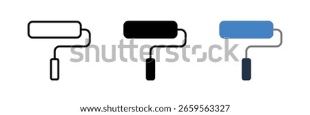 Paint roller icons in outline, solid, and blue styles representing painting tools, home improvement, renovation, wall coloring, and decorating concepts in construction and design
