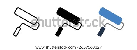 Paint roller icons in outline, solid, and blue styles representing painting tools, home improvement, renovation, wall coloring, and decorating concepts in construction and design