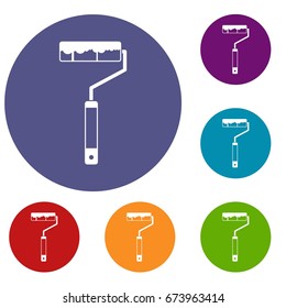 Paint roller icons set in flat circle reb, blue and green color for web