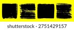 Paint roller ink brush square texture background. Linocut black print stroke, rough grunge stamp, rough smear frame shape, roller paint design on yellow