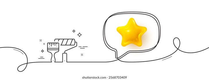 Paint roller line icon. Continuous line with 3d star. Wall roll brush sign. Painter tool symbol. 3d star in speech bubble. Paint roller single line ribbon. Loop curve pattern. Vector