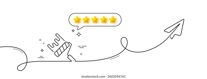 Paint roller line icon. Continuous line with share plane. Wall roll brush sign. Painter tool symbol. Five star rate review in speech bubble. Paint roller single line ribbon. Loop curve pattern. Vector