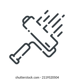 Paint roller line icon side view isolated on white transparent background. Symbol of home decor and construction industry.