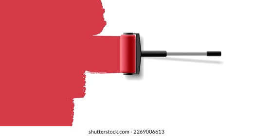 Paint roller with a long handle paints the wall red. View from above. Design concept of house painting, interior, creative ideas.
