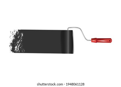 Paint roller with a long stroke of black paint on a white wall.Painting apartment, building, facade, renovation with color paint.