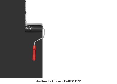 Paint roller with a long stroke of black paint on a white wall.Painting apartment, building, facade, renovation with color paint.